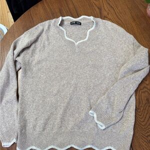 SHEIN Oatmeal Knit V-Neck Sweater with White Trim